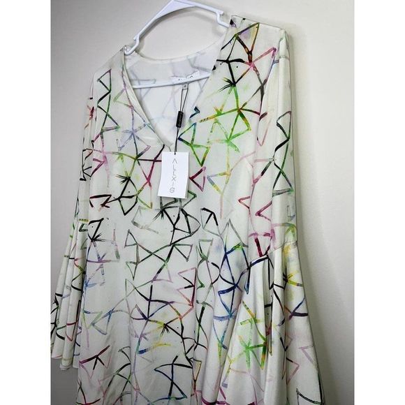 NWT ALEXIS White Silk Multicolor Abstract Print Bell Sleeve Shift Dress … - Picture 3 of 5